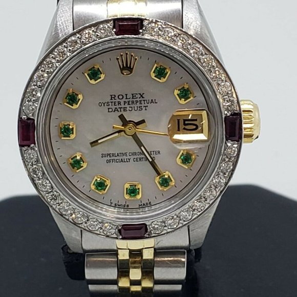 Rolex Ladies Datejust Oyster Gold Steel Diamond Dial Bezel Emeralds Ruby